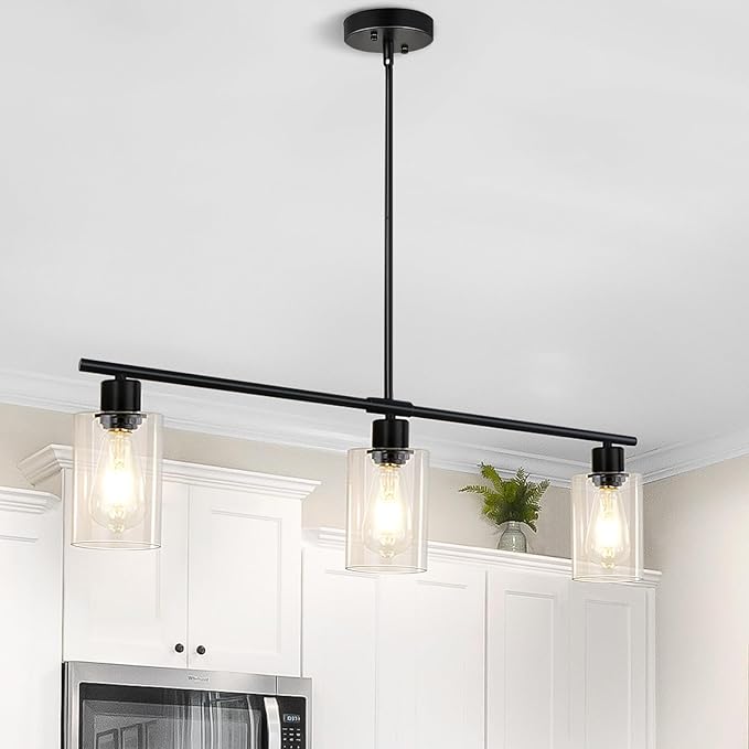 Kitchen Island Lighting, 3 Lights Linear Black Chandelier Light Fixture with Glass Shade, Industrial Kitchen Pendant Lighting Over Island, Modern Farmhouse Chandelier for Dining Room