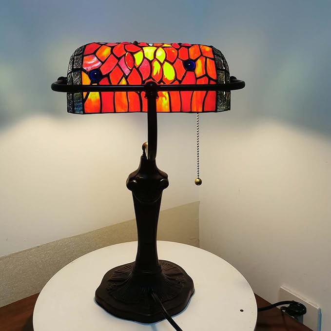 Bieye L10057 Dragonfly Tiffany Style Stained Glass Bankers Desk Lamp Table Lamp for Reading Working Home Decoration, 10" W x 16" H (Red)