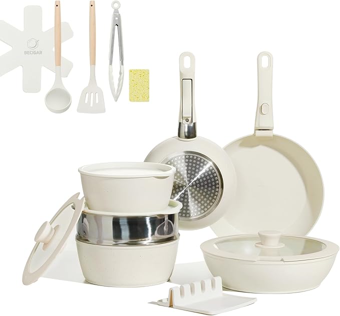 Nonstick Ceramic Cookware Set 21PCS with Detachable Handle, Pans and Pots Set, RV Kitchen Set Cookware Set, with Removable Handles, Oven Safe, Induction Ready, Stackable Non-stick Set