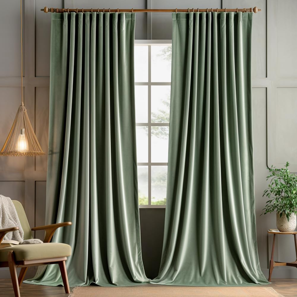 MIULEE Sage Green Velvet Curtains 102 inches 2 Panels - Pinch Pleated Luxury Room Darkening Window Drapes for Bedroom Living Room Blackout Thermal Insulated Super Soft, Back Tab Rod Pocket, W52 x L102