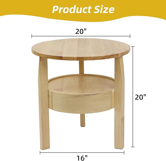 Round Coffee Table with Storage and Hidden Drawer - 20" D x 20" H Natural Wood Side Table with Sliding Drawer, Mid Century Modern Coffee Table, Small Coffee Table for Living Room, Natural Wood Color