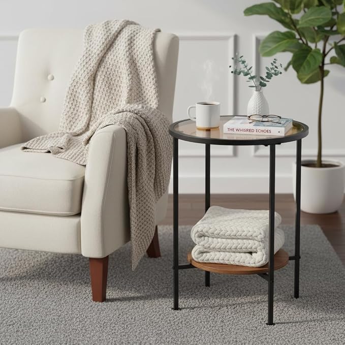 Industrial Round Tempered Glass Side Table, 2 Tier Glass Top End Table with Rustic Wood Shelf, Small Black Nightstand,Bedside Table with Metal Frame for Living Room, Bedroom, Small Spaces