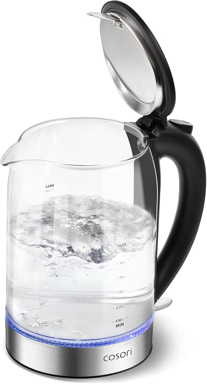 Cosori Electric Kettle, No Plastic Contact With Water, Wide Mouth For Easy Cleaning, Auto Shut Off, 1.7L Tea Kettle & Hot Water Boiler, Water Heater & Teapot, Borosilicate Glass, Black, 1500W