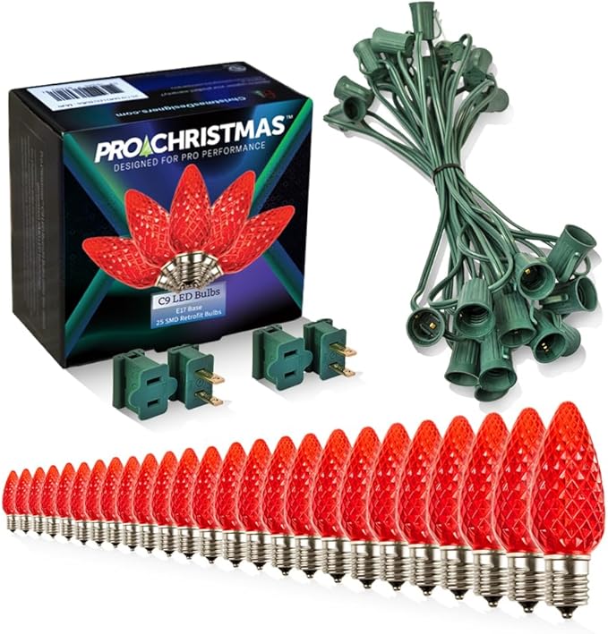 Pro Christmas C9 LED Christmas Light Kit for Rooflines & Pathways – DIY Cut to Length, Outdoor Commercial Grade (Green Wire w/Vampire Plugs, 25 Bulbs, 25 ft) Red
