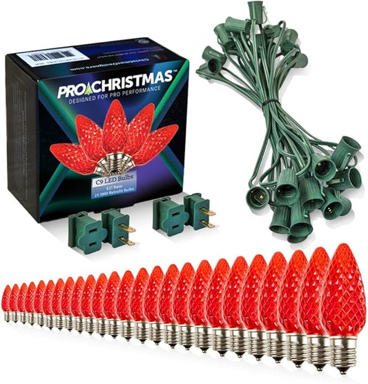 Pro Christmas C9 LED Christmas Light Kit for Rooflines & Pathways – DIY Cut to Length, Outdoor Commercial Grade (Green Wire w/Vampire Plugs, 25 Bulbs, 25 ft) Red