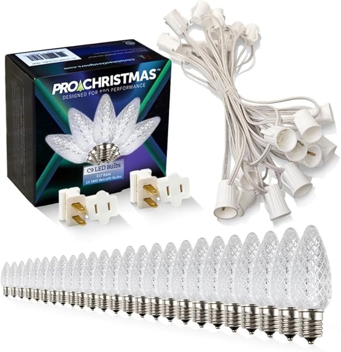 Pro Christmas C9 LED Christmas Light Kit for Rooflines & Pathways – DIY Cut to Length, Outdoor Commercial Grade (White Wire w/Vampire Plugs, 25 Bulbs, 25 ft) Pure White