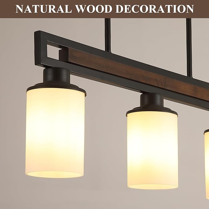 Farmhouse Dining Room Light Fixture, 3-Light Wood Kitchen Island Lighting for Dining Room Over Table, Black Adjustable Pendant Light with Milk Glass Shades, Linear Chandeliers Lighting for Kitchen