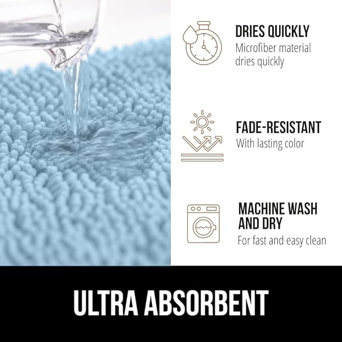 GORILLA GRIP Plush Absorbent Shaggy Chenille Bath Rug Mat for Oval Toilet Base with Rubber Backing, Machine Washable Rugs, Soft Microfiber Contour Mats for Toilets, Bathroom Decor, Sky