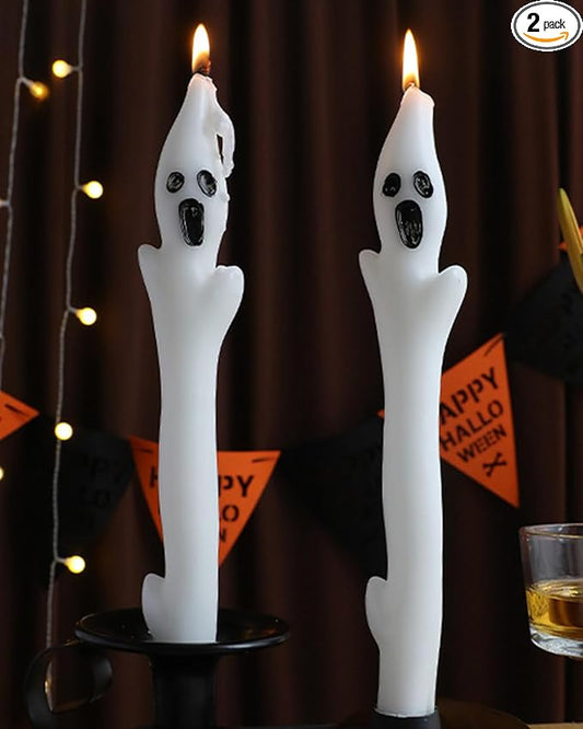 10inch Ghost Taper Candles White Tall Taper Candle with Decorative Candlestick for Halloween Table Decorations,Set of 2