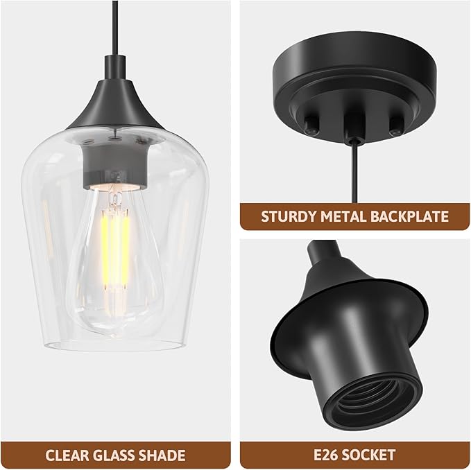 VONLUCE Pendant Light Kitchen Island, Matte Black Pendant Light Fixture with E26 Base & Adjustable Cable, Modern Pendant Lighting with Glass Shade for Living Room Bedroom Hallway