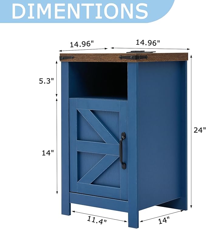 Navy Blue Farmhouse Nightstand Set of 2, Rustic End Table with Barn Door and Shelf, Bedside Table with Charging Station for Living Room, Bedroom