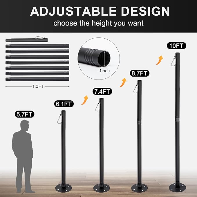 4 Pack 10 Ft String Light Poles for Outdoor String Lights, Heavy Duty Metal Outdoor Light Poles for Deck, Backyard, Garden, Patio, Wedding, Party