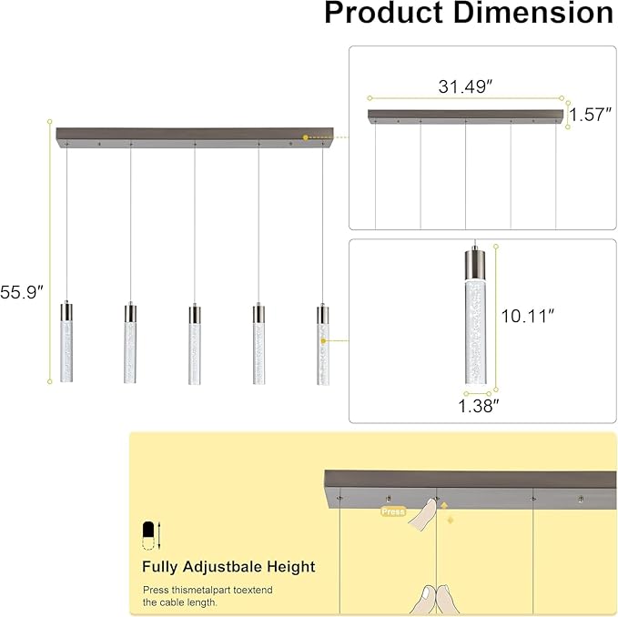 Pendant Light Kitchen Island with Remote Control - Brushed Nickel Adjustable Height Kitchen Island Light, 3000K/4000K/6000K Dimmable LED Handing Light for Dining Room, Bar, Hallway