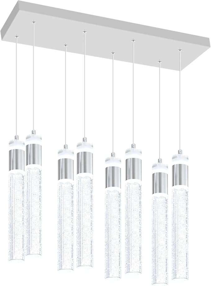 8-Lights Silver Hanging Pendant Light for Kitchen Island Modern Dimmable LED Crystal Chandeliers for Dining Room Bedroom Living Room Over Table Adjustable Height
