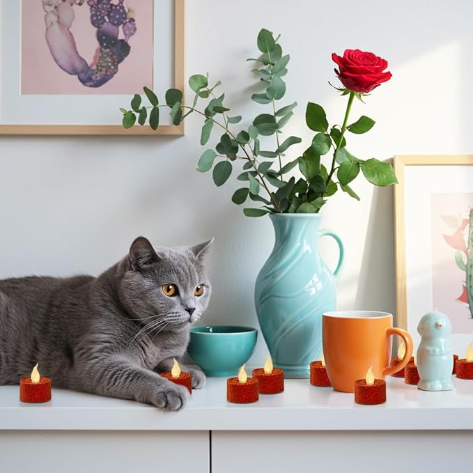 FURORA LIGHTING Red Glitter LED Tealight Candles Pack of 12, Flameless Flickering Tealight Candles for Home Décor, 1.5’’(W) x 1.65’’(H), Battery Operated
