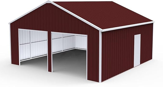22x23 FT Outdoor Metal Garage Shed with 14-Gauge Steel Frame, 26-Gauge Panels & Side Door, Heavy-Duty Prefab Steel Building for Two Cars,Workshop, Farm Equipment & Tractor Shelter（Brown）