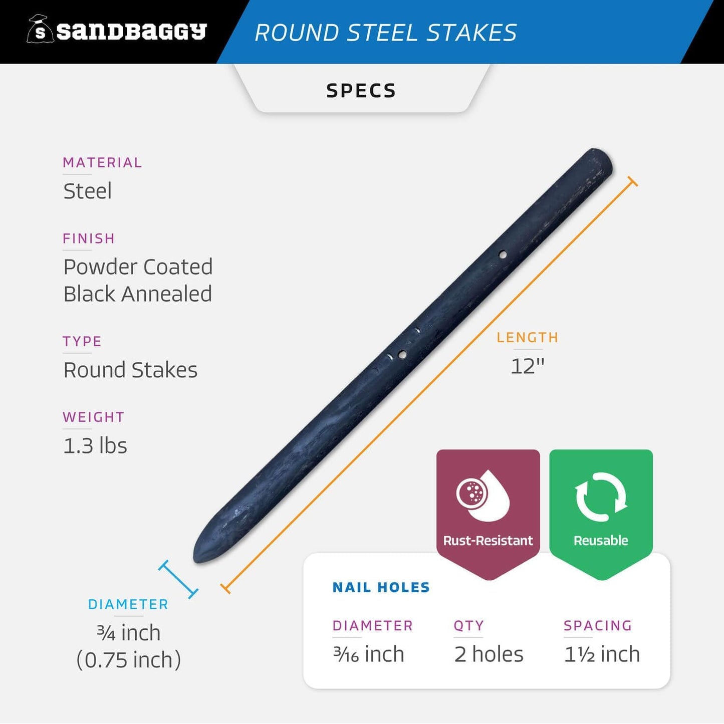 Sandbaggy Round Steel Concrete Form Stakes with Nail Holes - Rust Resistant Coating - Removable, Reusable (80, 3/4 in X 12 in)