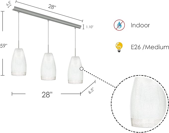 EGLO Crash 3-Light Pendant Hanging Lighting Fixture with Crackle Glass Shades for Kitchen Island, Hallway, and Dining Room, 59-Inch, Matte Nickel
