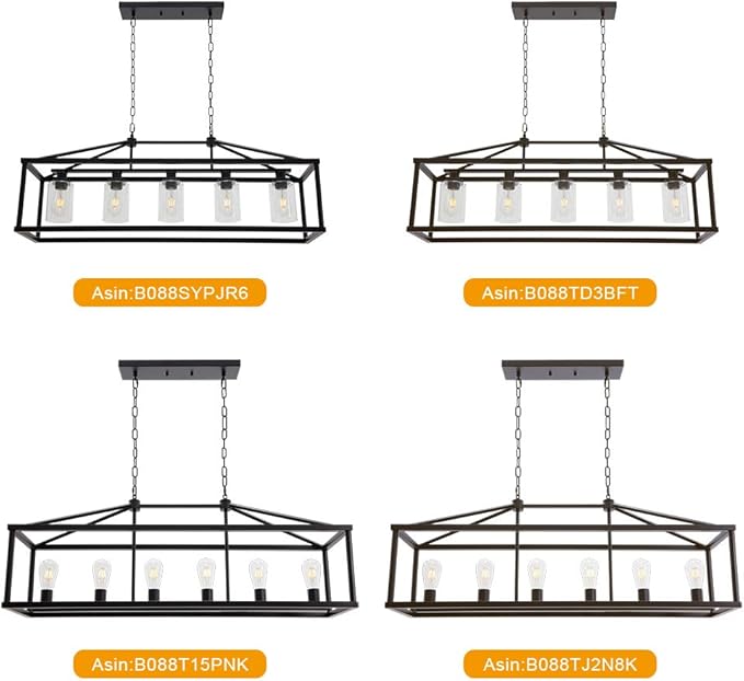 BONLICHT Modern Rectangle Chandelier 6 Light Black Industrial Vintage Kitchen Island Lighting Fixture Hanging Pendant Lamp Farmhouse Metal Cage Ceiling Light Fixtures for Living Room Dining Room Foyer