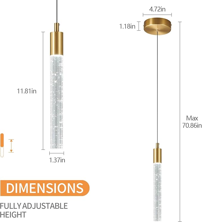 Modern Kitchen Island Pendant Light Dimmable LED Gold Brass Finish Mini Crystal Pendant Lighting Bedroom Bedside Table Small Pendant Lights（2-Pack ）