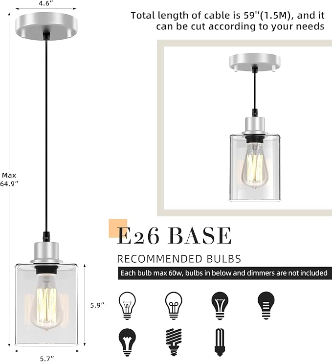 Pendant Light Kitchen Island Lighting 3 Pcs, with Bulb & Clear Glass Shade - 59 Inch Hanging Cord Farmhouse Hanging Lighting Fixture for Dining Room Bedroom Hallway - Brushed Nickel