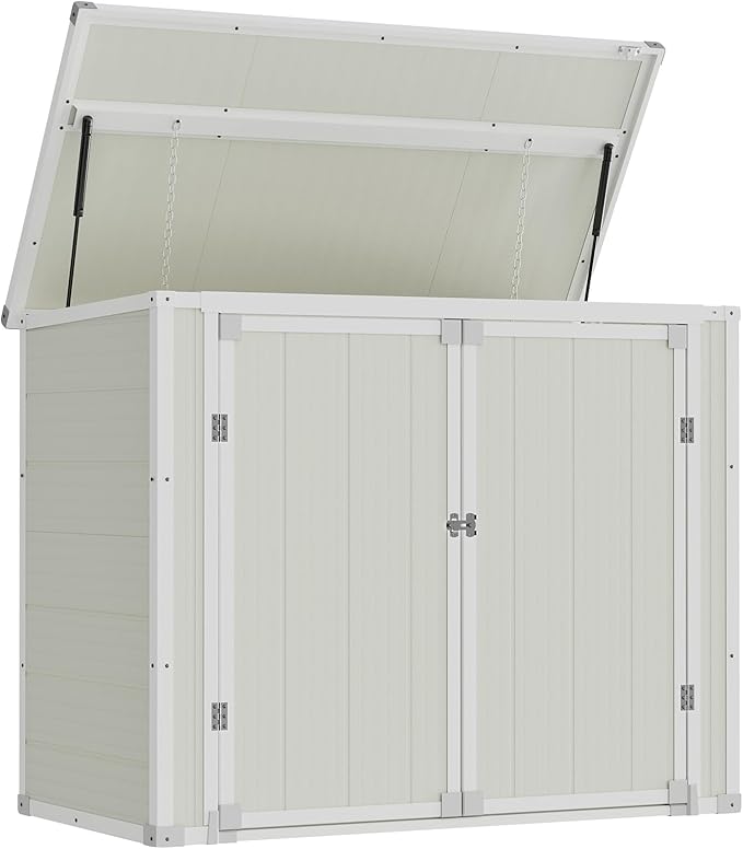 Amopatio 41 Cu Ft Horizontal Outdoor Storage Shed, Resin Trash Can Storage Weather Resistance, Garbage Can Shed for Garden Tools, Lawn Mowers, Garbage Cans, Patio Use, Grey