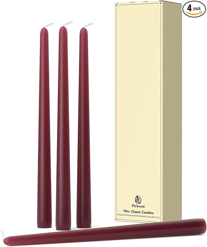 10-Inch Tall Dripless Taper Candles Set of 4 - Burgundy Tapered Candles, Perfect for Wedding,Dinner - Smokeless, Unscented, Long Burning - Hand Poured, Colored Tall Candlesticks - Borgoña
