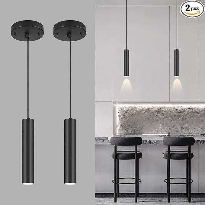 Modern Black-on-Gold Cylindrical Chandelier, 1-Light Pendant with Adjustable Cord, Matching GU10 Socket for Living Room, Bedroom and Dining Room (2 Pack)