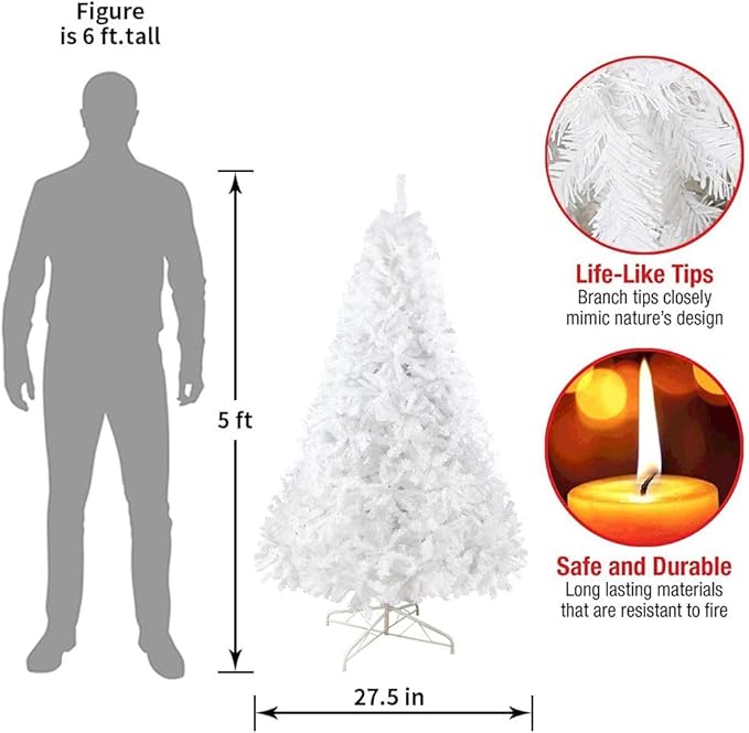 PLKO 5FT Artificial Holiday Christmas Tree，Artificial Christmas Tree Xmas Pine Tree with Stand and Soft White Branch for Holiday Indoor Outdoor,450Tips(White)