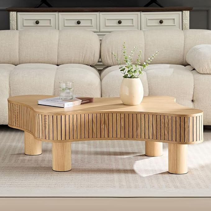 WILLIAMSPACE 42.52" Wooden Coffee Table, Modern Luxury Handcraft Wood Circle Drum Coffee Table for Living Room, Accent Center Table Side Table with Solid Wood Leg for Apartment (Natural)
