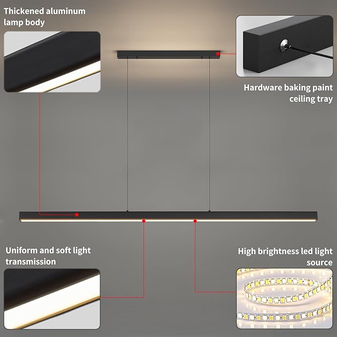 57" LED Linear Pendant Light Fixtures, 25W Dimmable Pool Table Light with Remote, Modern Island Lights for Kitchen Dining Room Living Room Office Bar, 3000k-6000k, Black