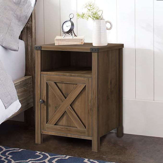 Catrimown Farmhouse Nightstand, Side Table End Table with Barn Door and Shelf, Modern Bed Side Table End Table, Rustic Nightstands Set for Bedroom, Living Room, Oak, 13.8D x 15.8W x 23.7H in