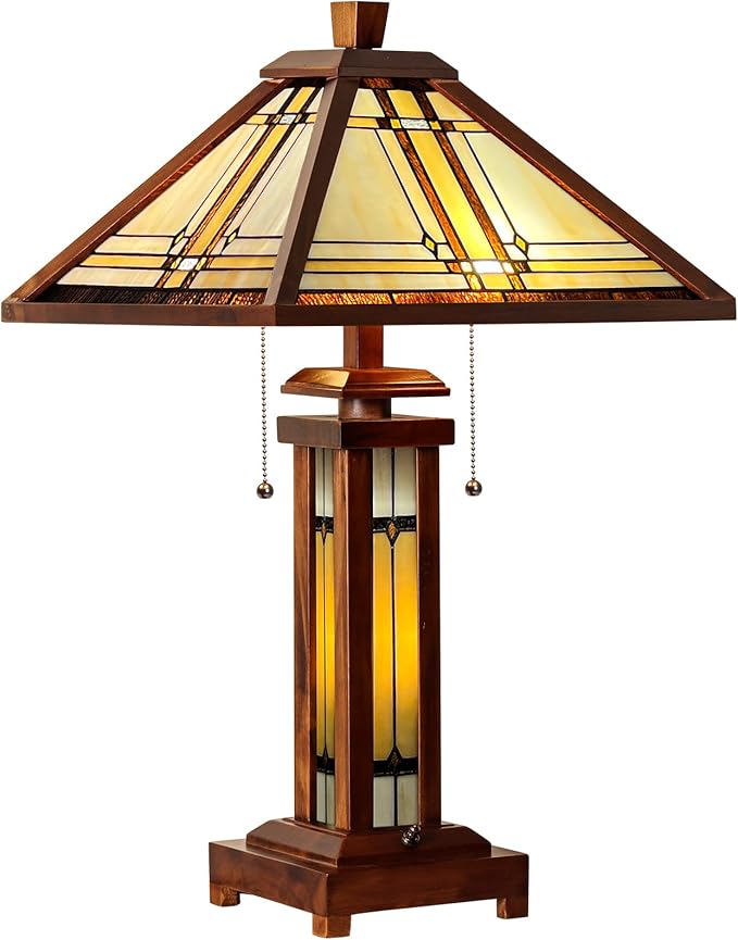 Capulina Tiffany Lamp Stained Glass Table Lamp with Night Light 3-Light 15X15x26 Inches Cream Antique Wooden Base Tiffany Style Desk Lamp for Living Room Bedroom Home Office