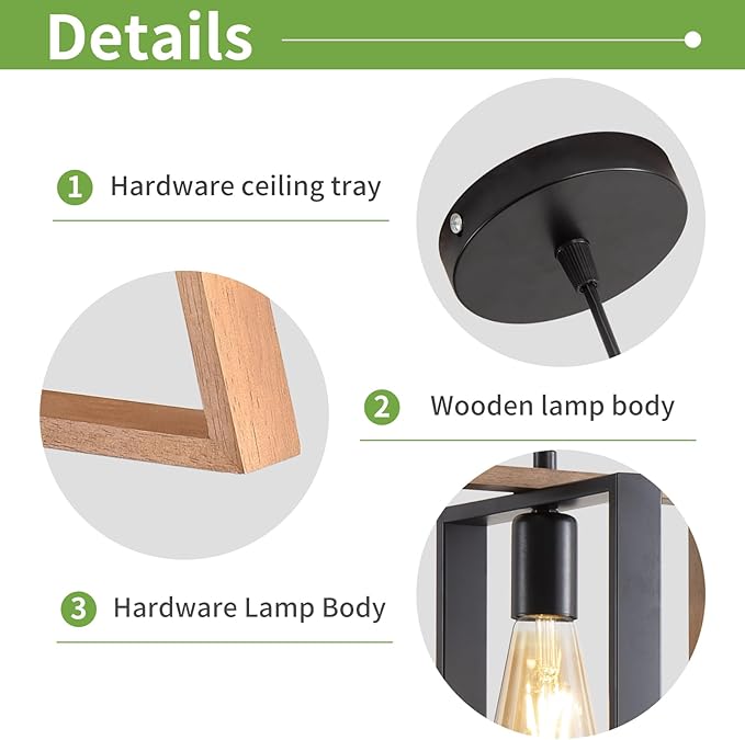 Farmhouse Pendant Light Fixture, Black Kitchen Island Pendant Lights, Industrial Metal and Vintage Wood Hanging Light, Adjustable Height Rustic Ceiling Lamp for Entryway, Dining Room, Foyer