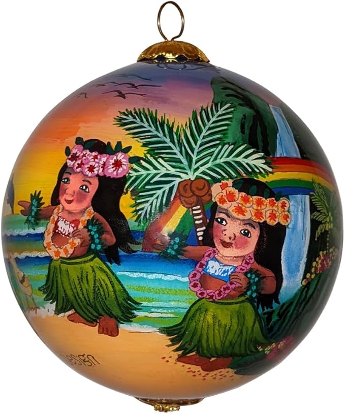 Collectible Hawaiian Keiki, Chicks and Rooster Glass Ornament Hand-Painted with Gift Box CKR/H