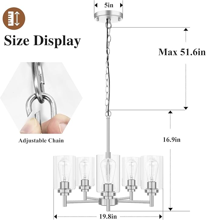 19.8'' 5-Light Chandelier for Dining Room Kitchen Island, Modern Farmhouse Pendant Lighting with Glass Shades Industrial Brushed Nicke Hanging Ceiling Light Fixture for Living Room, Height Adjustable