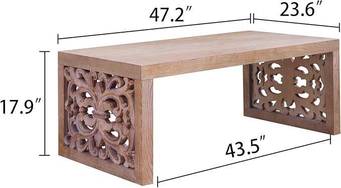 Rectangular Coffee Table with Handcrafted Ornate Side Panels, Rustic Center Table with Solid Wood Veneered, Farmhouse Tea Table for Living Room Office Apartment,47.2" L x 23.6" W x 17.9" H