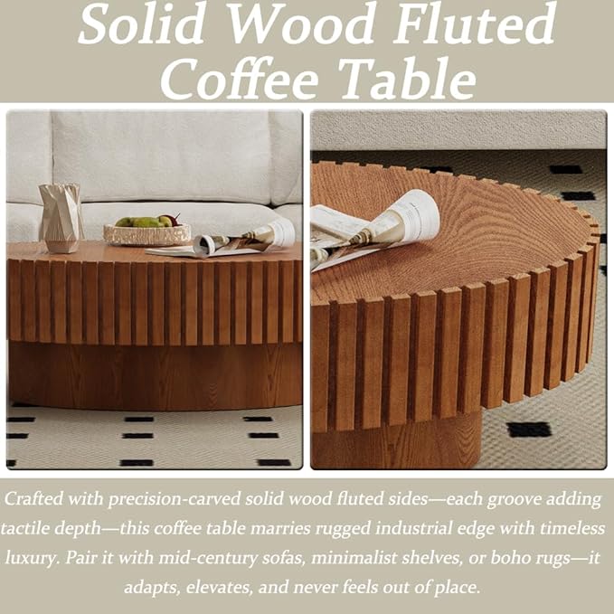 43.3” Oval Coffee Table Modern Fluted Coffee Table Handcrafted Relief Center Table with Sturdy Pedestal Mid Century Modern Center Table Tea Table for Living Room Apartment (Brown)
