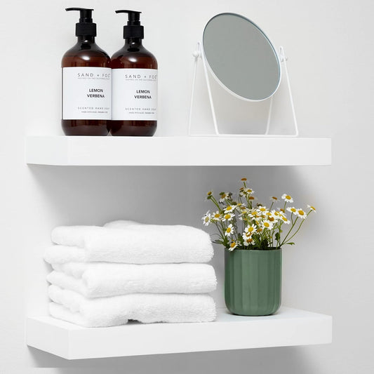 Homeforia White Floating Shelf 18 inch, High End Solid Real Wood 18inch Bathroom Floating Shelves for Wall Mounted, White Wooden 18in Floating Shelves, Heavy Duty Bracket, 18 X 6.5 X 1.75 in, Set of 2