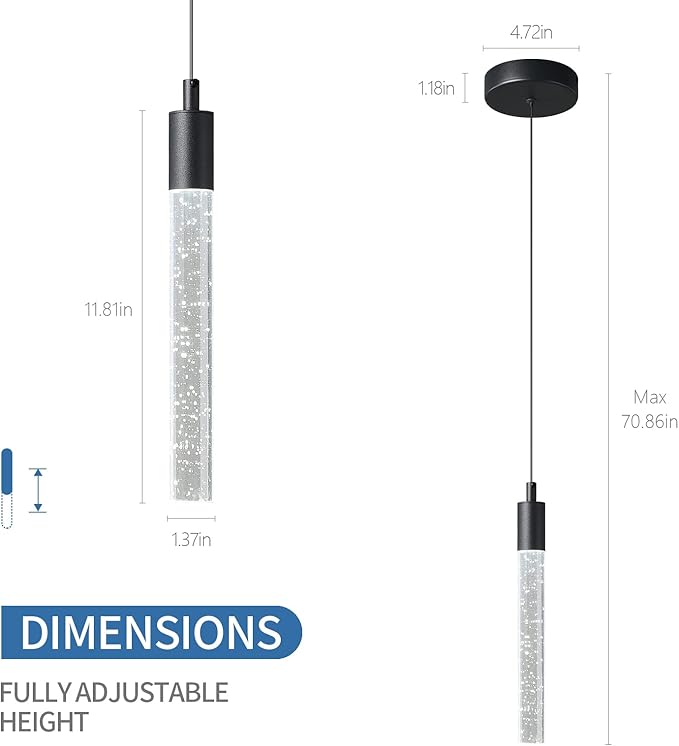 Modern Kitchen Island Pendant Light Dimmable LED Black Finish Mini Crystal Pendant Lighting Bedroom Bedside Table Small Pendant Lights（2-Pack）