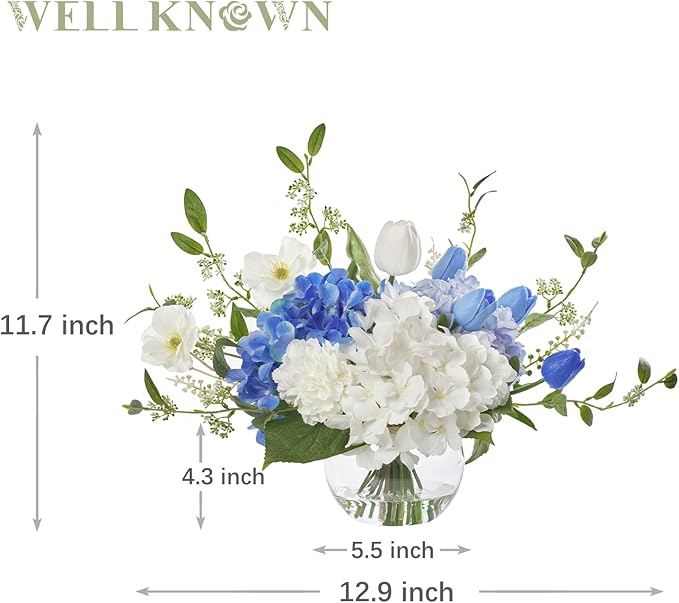 WELL KNOWN Artificial Flowers with Vase, Silk Hydrangea Bouquet and Peonies Artificial Flowers Table Centerpieces with Faux Water for Home Decor Fake Tulips Flower Arrangements for Table Decor (Blue)