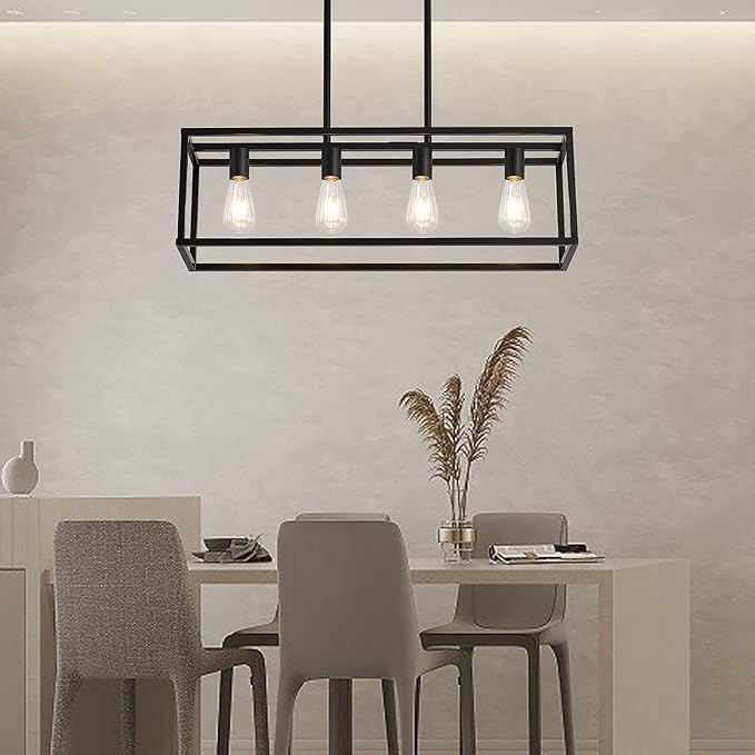 XILICON Contemporary Chandeliers Black 4 Light Modern Vintage Dining Room Lighting Fixtures Hanging, Kitchen Island Linear Pendant Lights Farmhouse Flush Mount Ceiling Light