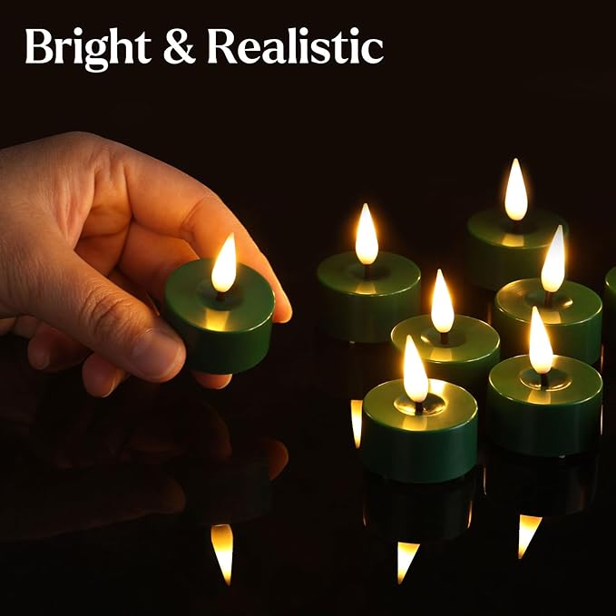 Eywamage Green Christmas LED Tealights with Remote Batteries, Flickering Flameless Tea Lights Votive Candles Set of 12