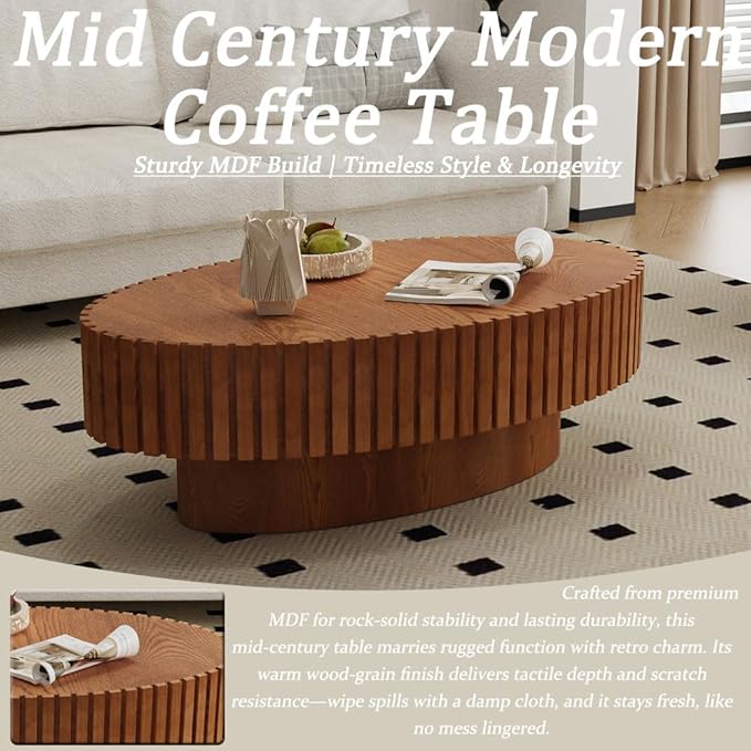 43.3” Oval Coffee Table Modern Fluted Coffee Table Handcrafted Relief Center Table with Sturdy Pedestal Mid Century Modern Center Table Tea Table for Living Room Apartment (Brown)