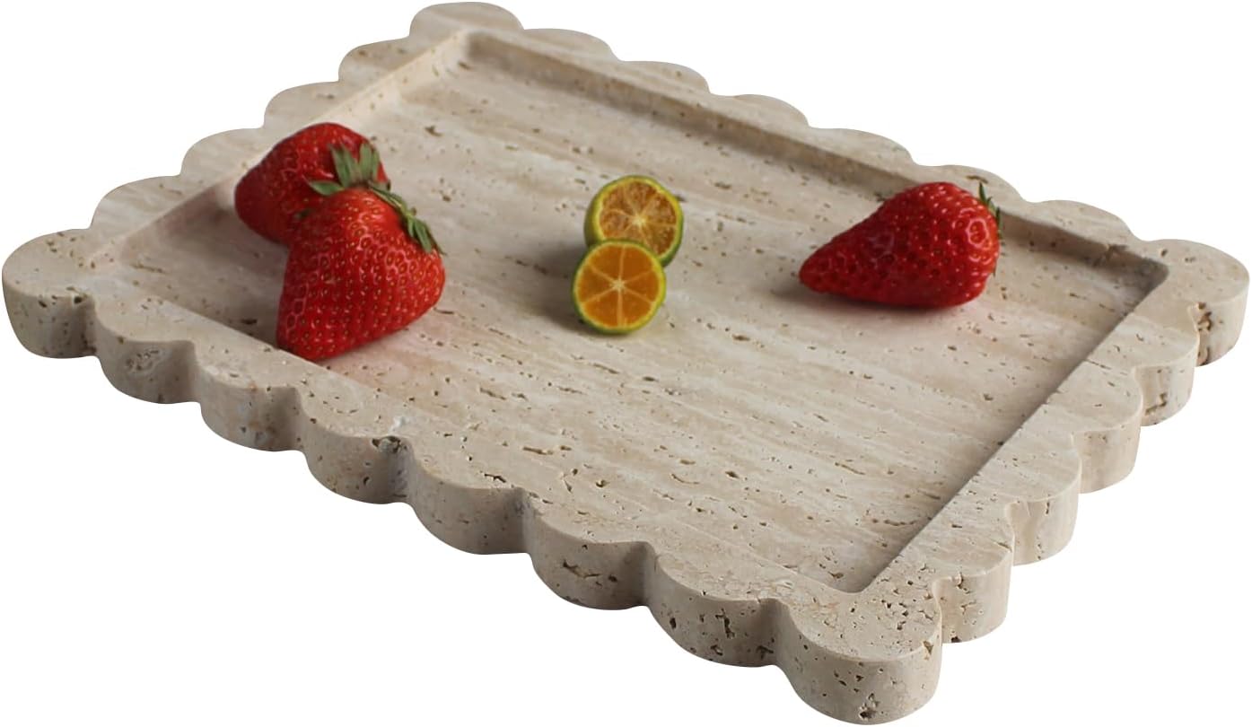Natural Luxury Scalloped Marble Tray 10.8"x8", Rectangle Vanity Tray for Bathroom Kitchen Counter, Decorative Tray for Dresser Home Decor (Beige Travertine)
