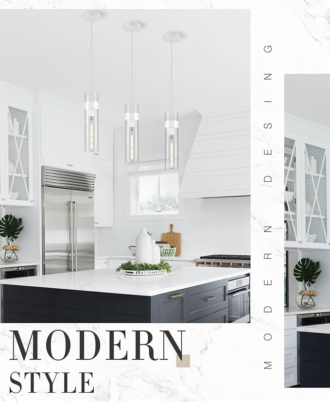 2 Pack Pendant Lights Kitchen Island (Bulbs Included), White Adjustable Modern Glass Pendant Light Over Island, Industrial Pendant Light Fixtures for Dining Room Hallway Bedroom Living Room