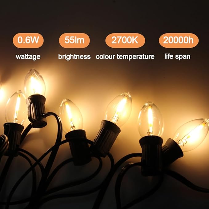 NETEHA 50 Pack C7 Clear Led Replacement Christmas Light Bulb, C7 E12 Base 120V Waterproof Led Bulbs for Christmas Outdoor String Lights, Halloween Decoration Bulb