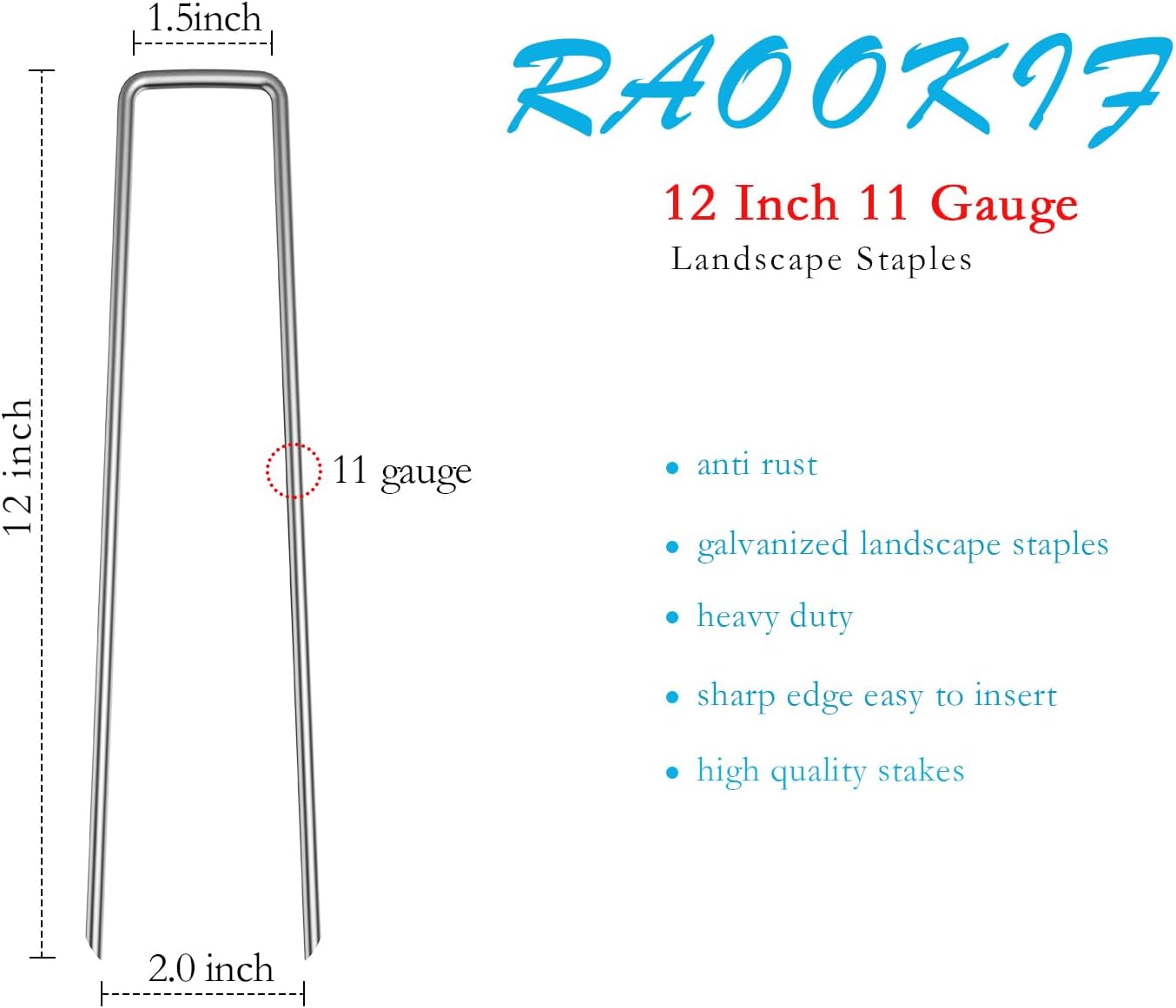 RAOOKIF 12 Inch Galvanized Garden Landscape Staples, 20/50/100/200Pcs Garden Metal Stakes, 11 Gauge Heavy Duty Ground Stakes for Decoration, Fence and Lawn Use, Fabric Pins (50, 12 Inch)
