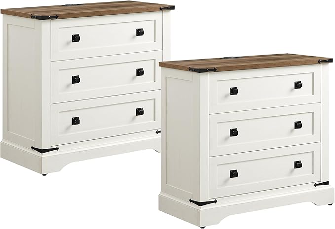 T4TREAM 32" Farmhouse Nightstand with Charging Station Set of 2, Large End Table with 3 Storage Drawers, Rustic Wood Bedside Table for Bedroom, Living Room, Antique White