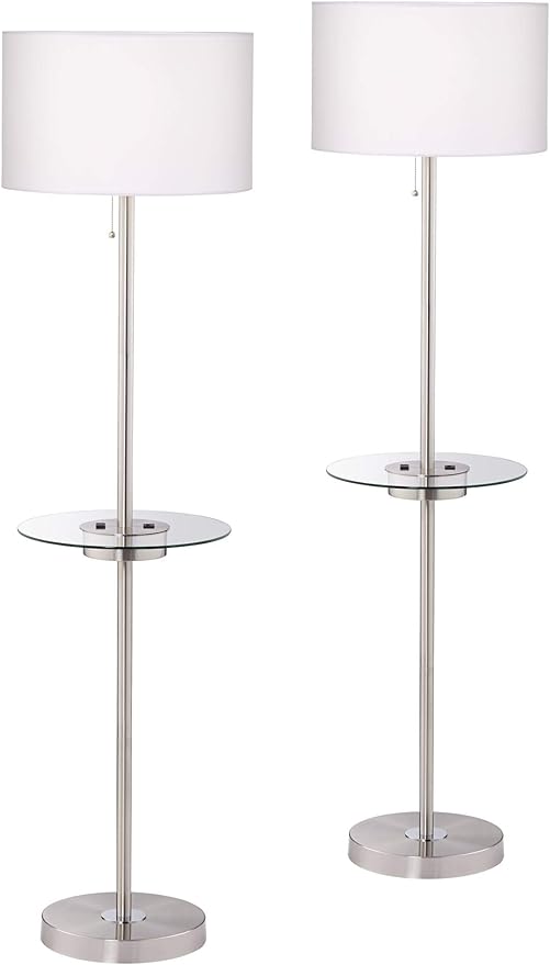 360 Lighting Caper Modern Floor Lamps 60.5" Tall Set of 2 with Tray Table USB and AC Power Outlet Brushed Nickel White Fabric Drum Shades Living Room Reading House Bedroom